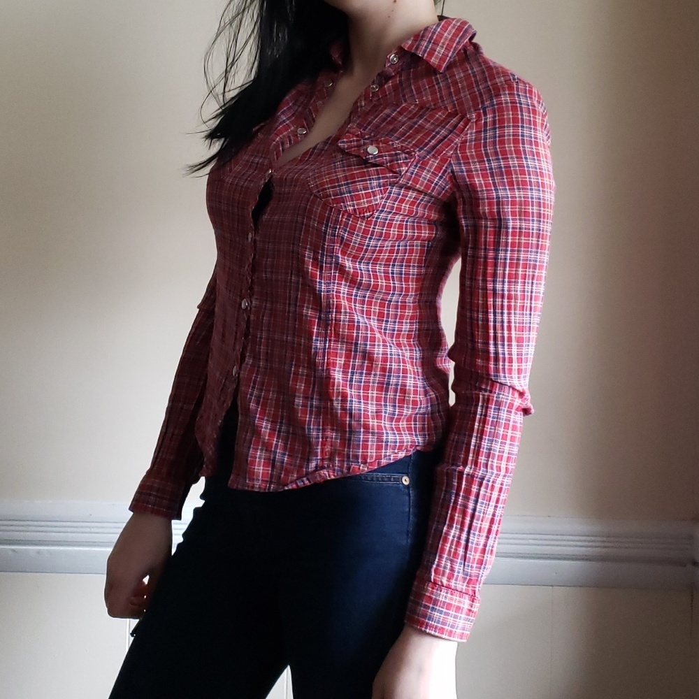 Kimchi Blue Red Plaid Western Button Down Top M - Picture 2 of 7